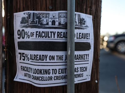 A flyer on a telephone pole outside J&B Coffee in Lubbock in mid-January displays the amount of faculty purportedly ready to leave Texas Tech University after Tech System Chancellor Brandon Creighton imposed limits on how race, gender and sexuality can be discussed in classrooms.
