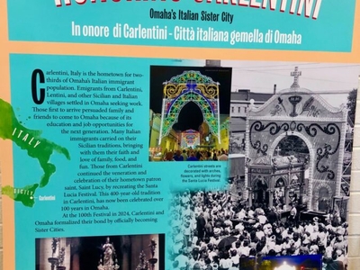 A display Wednesday at the Durham Museum showed a story panel to be installed in the new Carlentini Plaza in Omaha's Dahlman Park, marking the new sister city relationship. (Cindy Gonzalez/Nebraska Examiner)