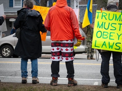 People stand with protest signs, one reads "Trump Must Obey Laws." A person wears a Canadian flag-themed outfit.