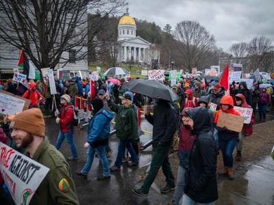 A large crowd of people holding signs and umbrellas marches in front of a building with a golden dome on a cloudy day.