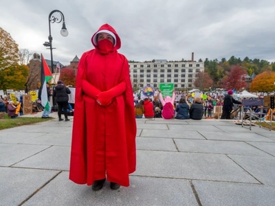 Person in a full red cloak and face covering stands on a stone path with a large crowd and protest signs visible in the background.