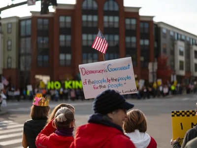 People gather at a street protest holding signs and an American flag. One sign quotes Abraham Lincoln: "Democracy is government of the people, by the people, for the people.