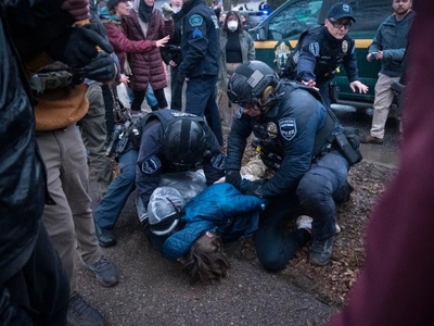 Police officers detain a person on the ground during a public incident while bystanders watch nearby.