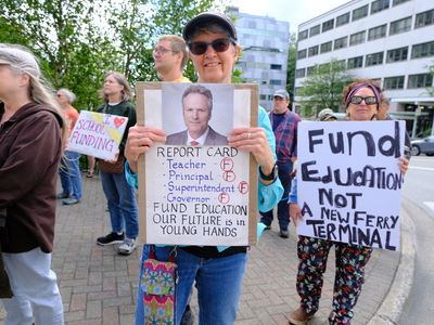 Demonstrators outside the Capitol in Juneau to support public education on Aug. 2, 2025 (Photo by Corinne Smith/Alaska Beacon)