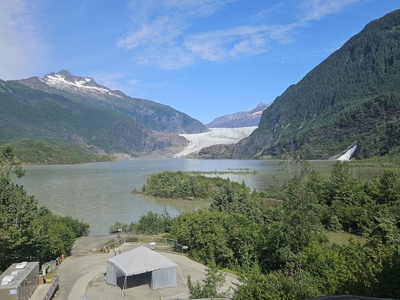 Mendenhall Lake seen at flood level following the glacial outburst flooding event on Aug 13, 2025, from the Mendenhall Visitors Center. (Photo by Corinne Smith/Alaska Beacon)