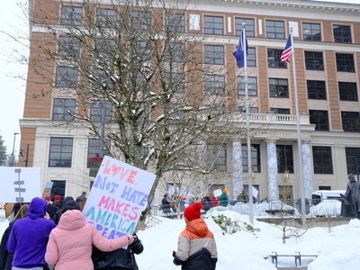 Demonstrators with the Key Coalition march through Downtown Juneau to rally at the Alaska State Capitol for disability rights and increased services on Mar. 18, 2026. (Photo by Corinne Smith/Alaska Beacon)