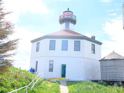 The Eldred Rock Lighthouse entrance is seen on May 30,2026. The design is one of the few early structures that combined the light and the keeper's quarters. (Photo by Corinne Smith/Alaska Beacon)