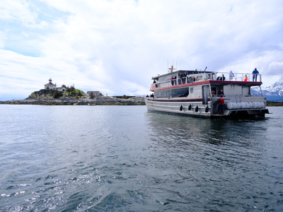 The M/V Seawolf carried supporters from Juneau for the opening ceremony at Eldred Rock Lighthouse on May 30, 2026. (Photo by Corinne Smith/Alaska Beacon)