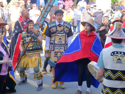 Dancers with the Chilkat Thunderbird & Sockeye Clans dance group sing and dance during the procession to the Grand Entrance, part of the opening of Celebration in Juneau on June 3, 2026. (Photo by Corinne Smith/Alaska Beacon)