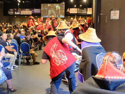 Dancers enter Centennial Hall during the Grand Entrance of Celebration on June 3, 2026. (Photo by Corinne Smith/Alaska Beacon)
