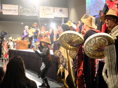 Members of the Lepquinm Gumilgit Gagoadim Tsimshian (Our Own Dance in Our Hearts) dance group led the Grand Entrance of Celebration on June 3, 2026. (Photo by Corinne Smith/Alaska Beacon)