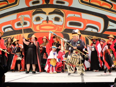 Dancers move across the main stage of Centennial Hall during the Grand Entrance of Celebration on June 3, 2026. (Photo by Corinne Smith/Alaska Beacon)