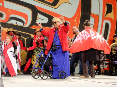 Dancers move across the main stage of Centennial Hall during the Grand Entrance of Celebration on June 3, 2026. (Photo by Corinne Smith/Alaska Beacon)