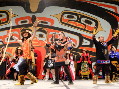 Dancers move across the main stage of Centennial Hall during the Grand Entrance of Celebration on June 3, 2026. (Photo by Corinne Smith/Alaska Beacon)