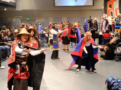 Dancers exit the stage of Centennial Hall as part of the Grand Entrance of Celebration on June 3, 2026. (Photo by Corinne Smith/Alaska Beacon)