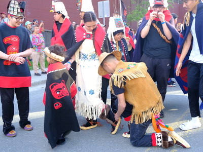 Dancers prepare for the Grand Entrance as part of the opening of Celebration in Juneau on June 3, 2026. (Photo by Corinne Smith/Alaska Beacon)