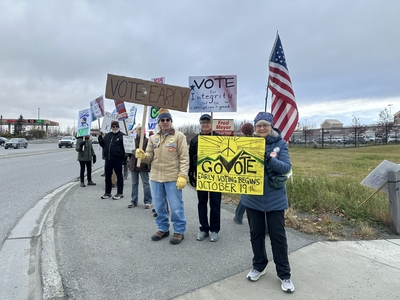Demonstrators rally for a No Kings get-out-the-vote event in Palmer on Oct. 17, 2026. (Photo courtesy of Mat-Su United for Progress)