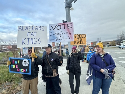 Demonstrators rally for a No Kings get-out-the-vote event in Palmer on Oct. 17, 2026. (Photo courtesy of Mat-Su United for Progress)