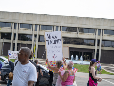A pro-Trump counter-protestor appears at the June 14, 2025, "No Kings" rally at the Statehouse in Topeka.