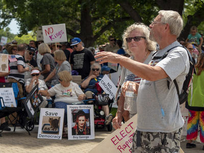 Mary and Frank Smith, of Geary County, appear at the June 14, 2025, "No Kings" rally at the Statehouse in Topeka.
