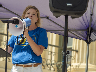 Kansas Sen. Cindy Holscher appears at the June 14, 2025, "No Kings" rally at the Statehouse in Topeka