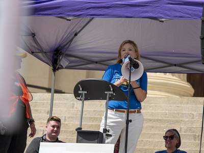 Kansas Sen. Cindy Holscher appears at the June 14, 2025, "No Kings" rally at the Statehouse in Topeka