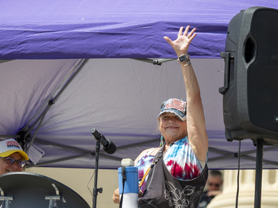 Devon Welcher appears at the June 14, 2025, "No Kings" rally at the Statehouse in Topeka.