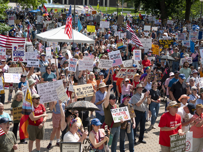 Kansans protest President Donald Trump at the June 14, 2025, "No Kings" rally at the Statehouse in Topeka.