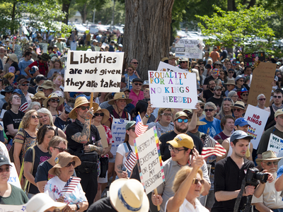 Kansans protest President Donald Trump at the June 14, 2025, "No Kings" rally at the Statehouse in Topeka.