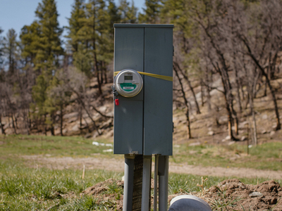 An electric meter on Erika Larsen and Tyler White's property.
