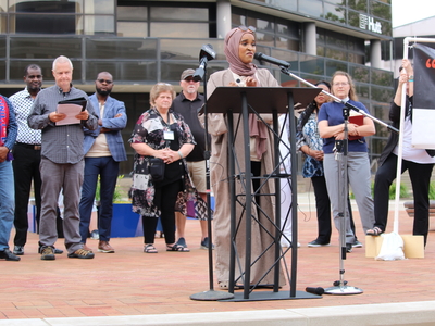 Ohio state Rep. Munira Abdullahi, D-Columbus, speaks at a rally for Haitians in Springfield, Ohio on June 25, 2026. (Photo by Megan Henry, Ohio Capital Journal).
