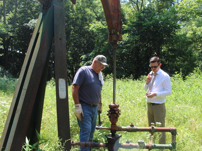 Bob Wilson, an oil producer in Washington County (left) and Ohio state Rep. Tristan Rader, D-Lakewood (right). (Photo by Megan Henry, Ohio Capital Journal).