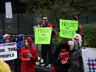 Several hundred people showed up at Oregon Sen. Ron Wyden's office in northeast Portland on Wednesday, July 5, 2025 to protest recent actions by the Trump administration. (Photo by Alex Baumhardt/Oregon Capital Chronicle)