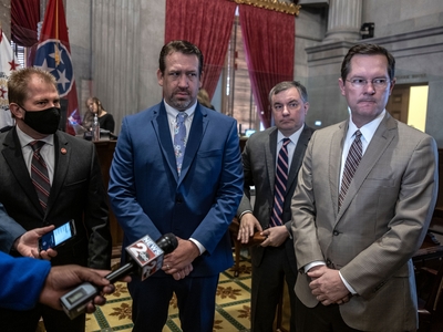 House Republican Caucus leadership, from left: House Majority Leader William Lamberth, Caucus Chair Jeremy Faison, Assistant Majority Leader Ron Gant, and Speaker of the House Cameron Sexton. (Photo: John Partipilo)