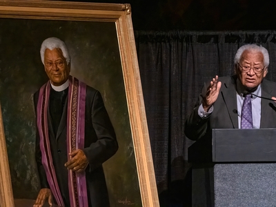 Rev. James Lawson, who was expelled from Vanderbilt University Divinity School in 1960, speaks at the unveiling of a his portrait at Vanderbilt in March 2022. (Photo: John Partipilo)