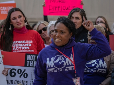 Rafiah Muhammad-McCormick, whose son, Rodney Armstrong, was shot and killed at their home in 2020, gives a fiery speech. (Photo: John Partipilo)
