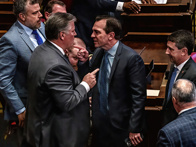 An altercation between Rep. Scott Cepicky, R-Culleoka, at left, and Rep. John Ray Clemmons, D-Nashville, over comments Cepicky allegedly make about Metro Nashville Schools. (Photo: John Partipilo)