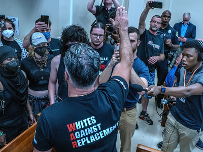 Leader of the Goyim Defense League Jon Minadeo yells at counter protestors who showed up to challenge the neo-Nazi group. (Photo: John Partipilo)