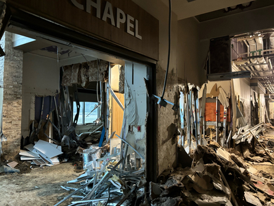 The chapel at Unicoi County Hospital in Erwin, Tennessee, after floodwaters from Hurricane Helene swept through the building. (Lauren Sausser/KFF Health News)