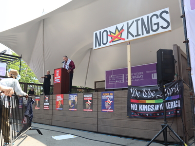 Protesters gather in Milwaukee's Cathedral Square to march and rally as part of the No Kings Day protests nationwide. (Photo by Isiah Holmes/Wisconsin Examiner)