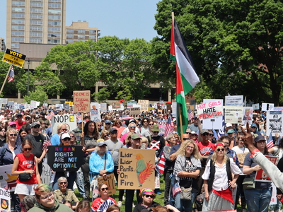 Protesters gather in Milwaukee's Cathedral Square to march and rally as part of the No Kings Day protests nationwide. (Photo by Isiah Holmes/Wisconsin Examiner)
