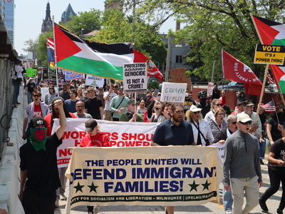 Protesters gather in Milwaukee's Cathedral Square to march and rally as part of the No Kings Day protests nationwide. (Photo by Isiah Holmes/Wisconsin Examiner)