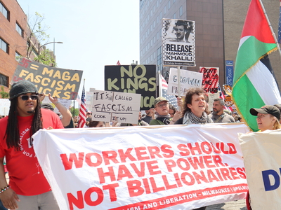 Protesters gather in Milwaukee's Cathedral Square to march and rally as part of the No Kings Day protests nationwide. (Photo by Isiah Holmes/Wisconsin Examiner)