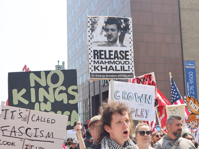 Protesters gather in Milwaukee's Cathedral Square to march and rally as part of the No Kings Day protests nationwide. (Photo by Isiah Holmes/Wisconsin Examiner)