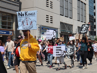 Protesters gather in Milwaukee's Cathedral Square to march and rally as part of the No Kings Day protests nationwide. (Photo by Isiah Holmes/Wisconsin Examiner)