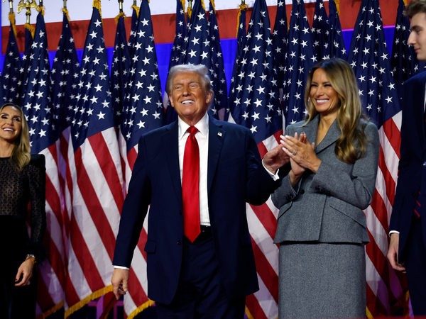 The Republican presidential nominee, former U.S. President Donald Trump, reacts on stage with former first lady Melania Trump during an election night event at the Palm Beach Convention Center on Nov. 6, 2024 in West Palm Beach, Florida. (Photo by Chip Somodevilla/Getty Images)