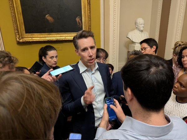 U.S. Sen. Josh Hawley, a Missouri Republican, talks to reporters at the U.S. Capitol in Washington, D.C., on June 28, 2025.