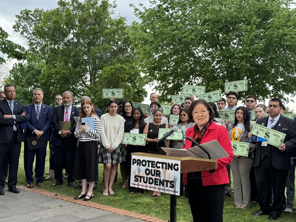 U.S. Sen. Mazie Hirono, a Hawaii Democrat, holds a press conference outside the U.S. Capitol in Washington, D.C., on April 22, 2026. (Photo by Shauneen Miranda/States Newsroom)