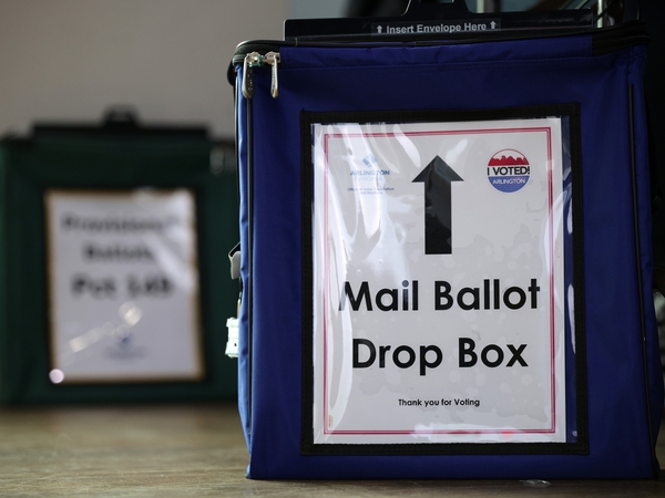 A mail ballot drop box is seen at a polling station on Nov. 4, 2025 in Arlington, Virginia. (Photo by Alex Wong/Getty Images)