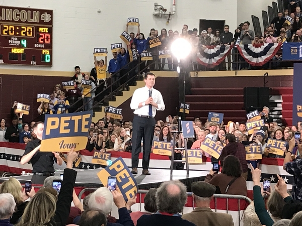 Pete Buttigieg speaks at a rally the day before the Iowa Caucuses at Lincoln High School in Des Moines, on Feb. 2, 2020.  (Photo by Kathie Obradovich/Iowa Capital Dispatch)